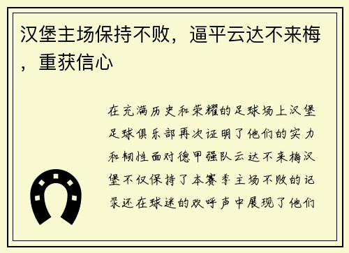 汉堡主场保持不败，逼平云达不来梅，重获信心