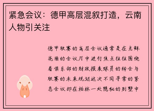 紧急会议：德甲高层混叙打造，云南人物引关注
