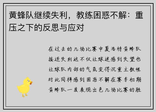 黄蜂队继续失利，教练困惑不解：重压之下的反思与应对