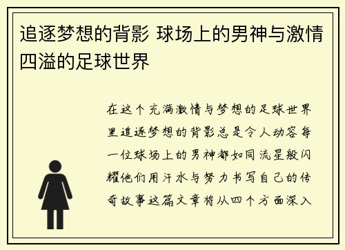 追逐梦想的背影 球场上的男神与激情四溢的足球世界